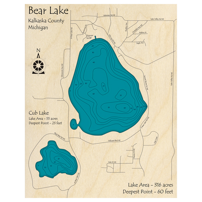 Bathymetric topo map of Bear Lake, MI with roads, towns and depths noted in blue water.
