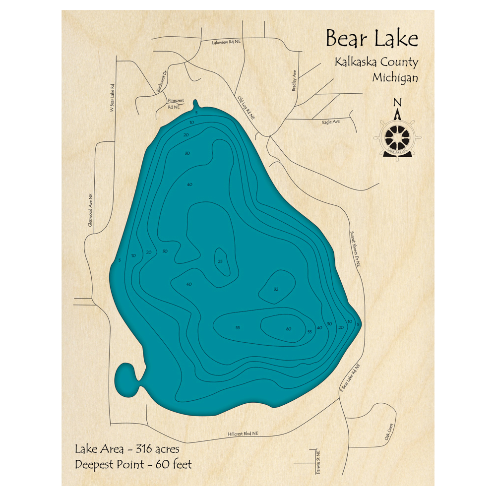 Bathymetric topo map of Bear Lake, MI with roads, towns and depths noted in blue water.