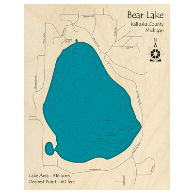 Bathymetric topo map of Bear Lake, MI with roads, towns and depths noted in blue water.
