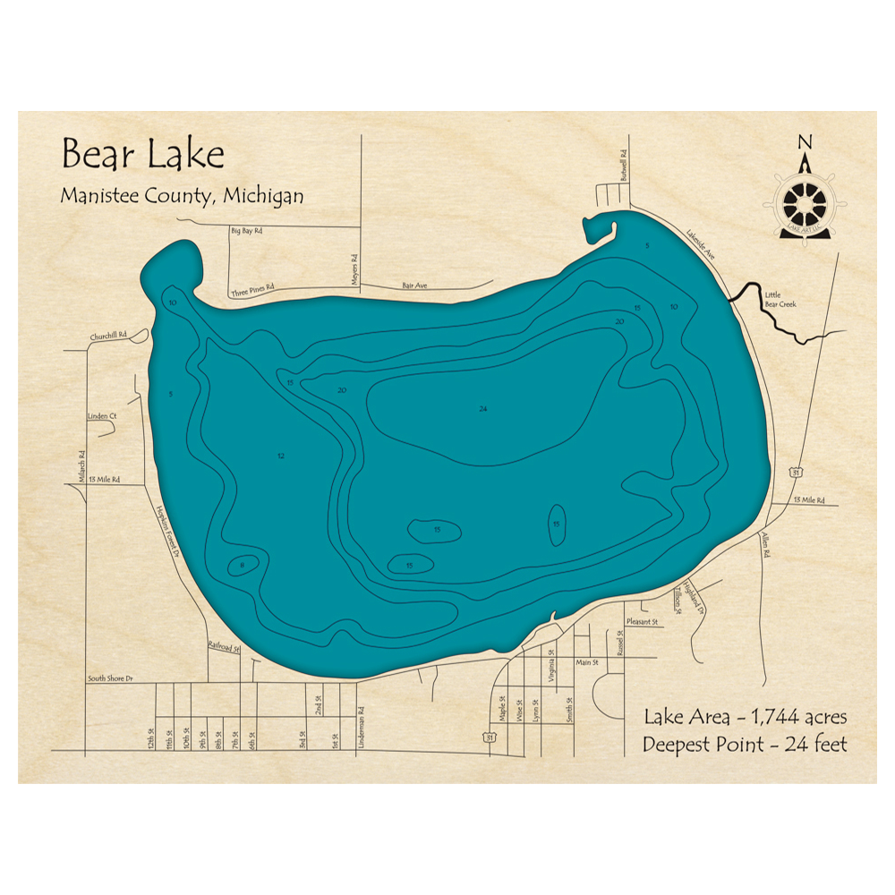 Bathymetric topo map of Bear Lake, MI with roads, towns and depths noted in blue water.