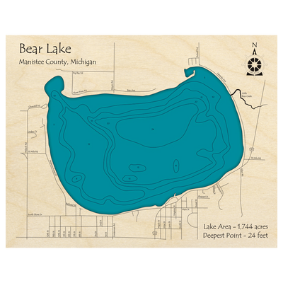 Bathymetric topo map of Bear Lake, MI with roads, towns and depths noted in blue water.
