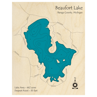 Bathymetric topo map of Beaufort Lake, MI with roads, towns and depths noted in blue water.