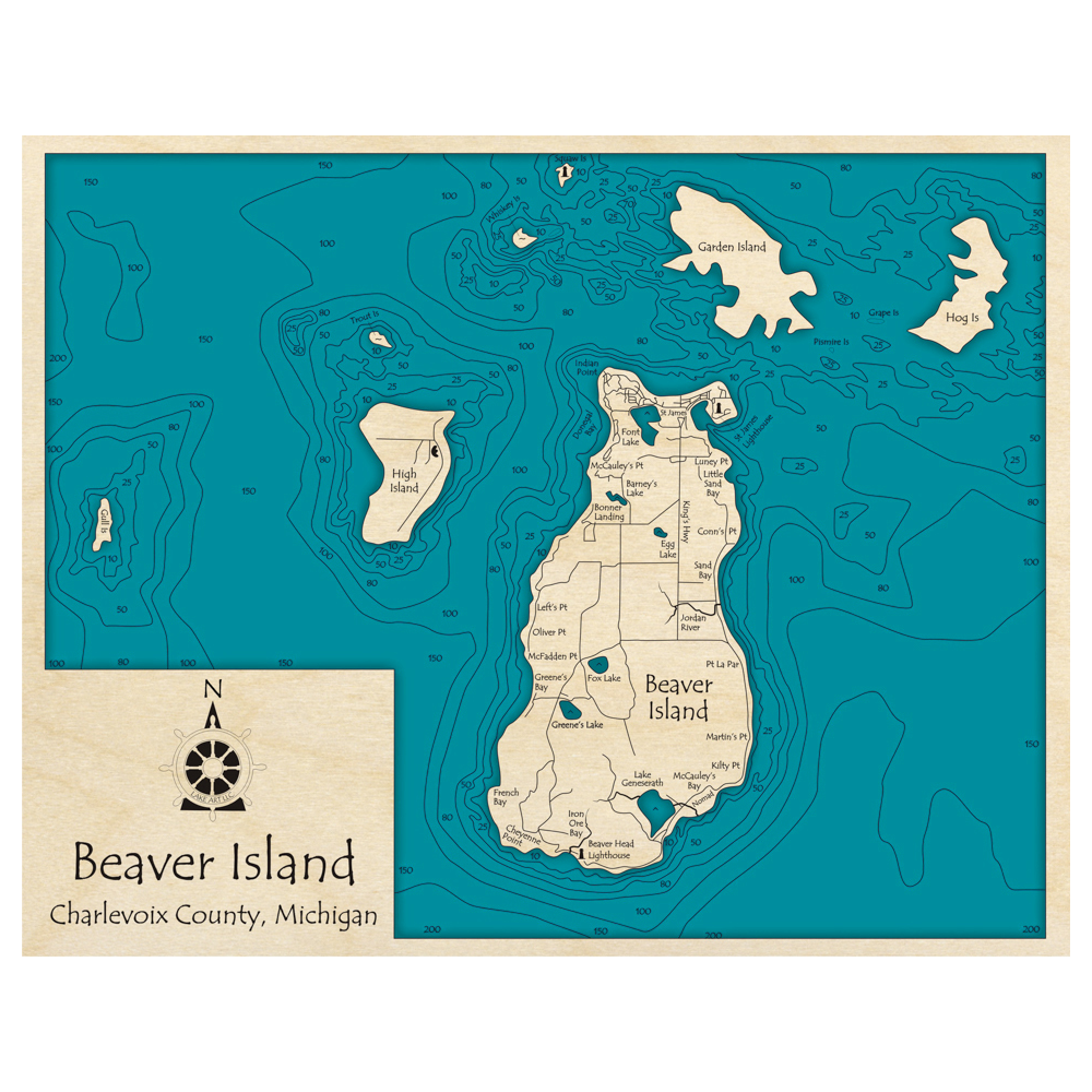 Bathymetric topo map of Beaver Island Archipelago, MI with roads, towns and depths noted in blue water.