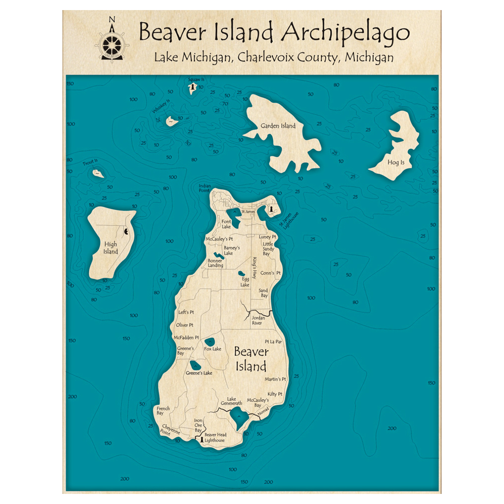 Bathymetric topo map of Beaver Island, MI with roads, towns and depths noted in blue water.