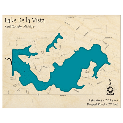 Bathymetric topo map of Lake Bella Vista, MI with roads, towns and depths noted in blue water.