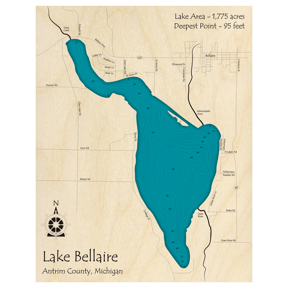 Bathymetric topo map of Lake Bellaire, MI with roads, towns and depths noted in blue water.