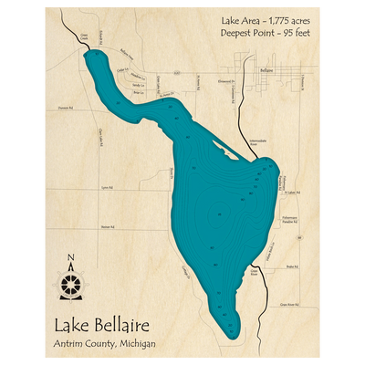 Bathymetric topo map of Lake Bellaire, MI with roads, towns and depths noted in blue water.