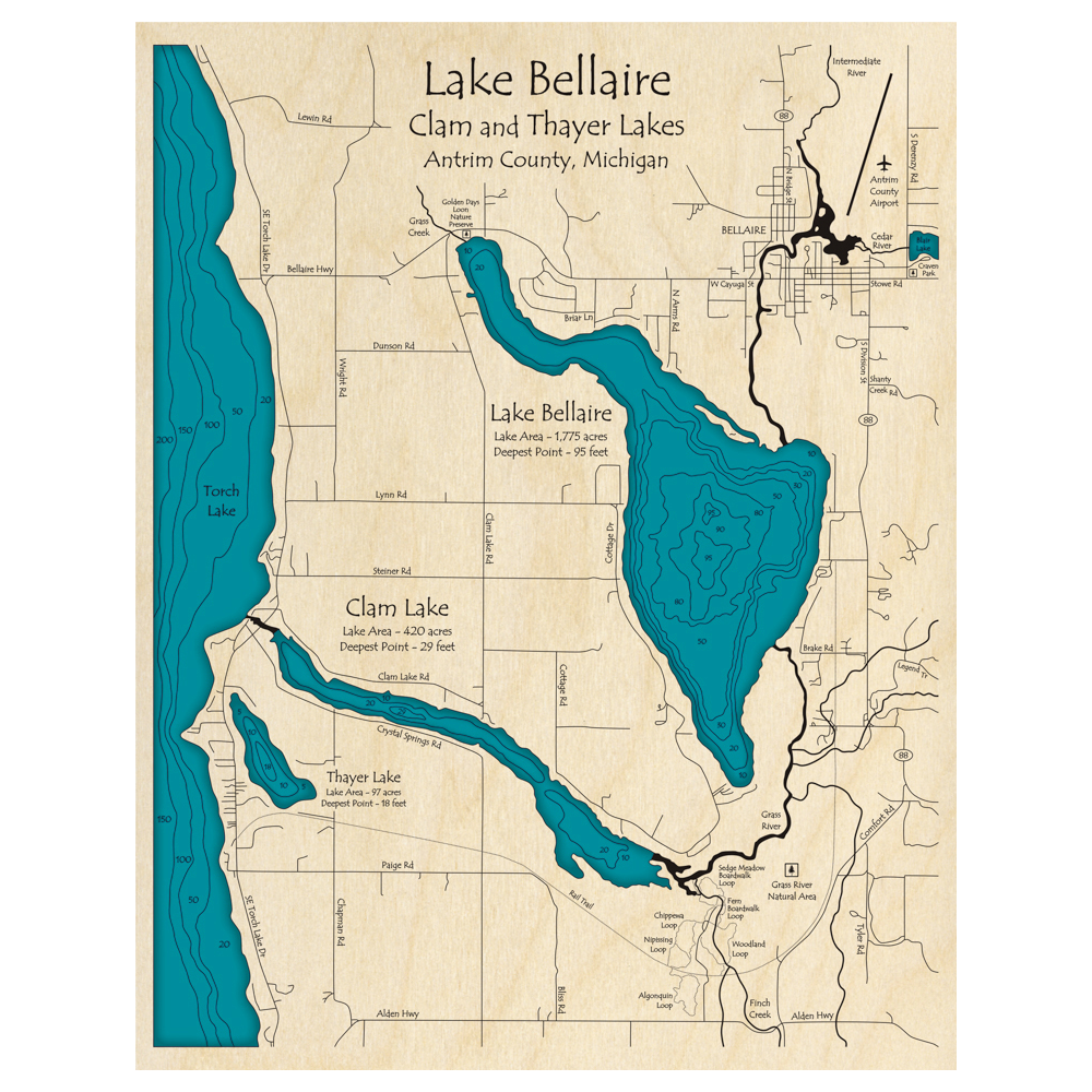 Bathymetric topo map of Lake Bellaire, MI with roads, towns and depths noted in blue water.