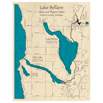Bathymetric topo map of Lake Bellaire, MI with roads, towns and depths noted in blue water.