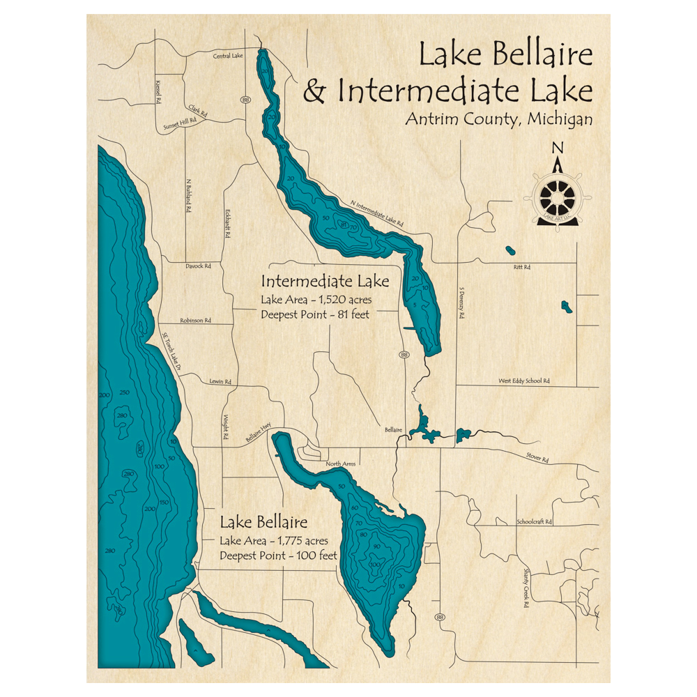 Bathymetric topo map of Lake Bellaire and Intermediate Lake, MI with roads, towns and depths noted in blue water.