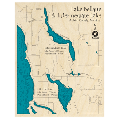 Bathymetric topo map of Lake Bellaire and Intermediate Lake, MI with roads, towns and depths noted in blue water.