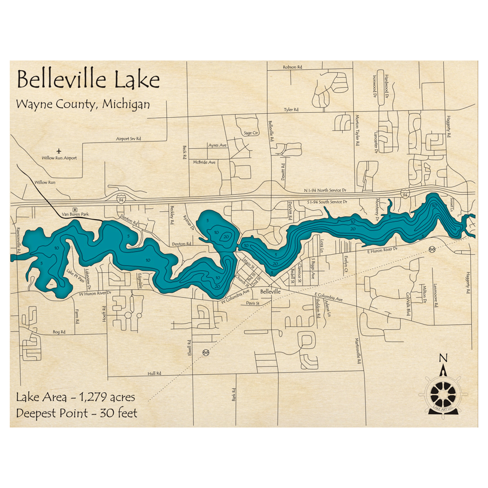 Bathymetric topo map of Belleville Lake, MI with roads, towns and depths noted in blue water.