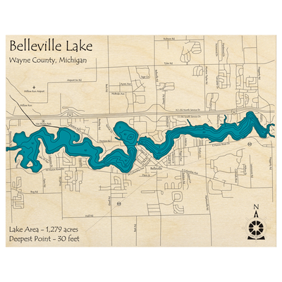 Bathymetric topo map of Belleville Lake, MI with roads, towns and depths noted in blue water.