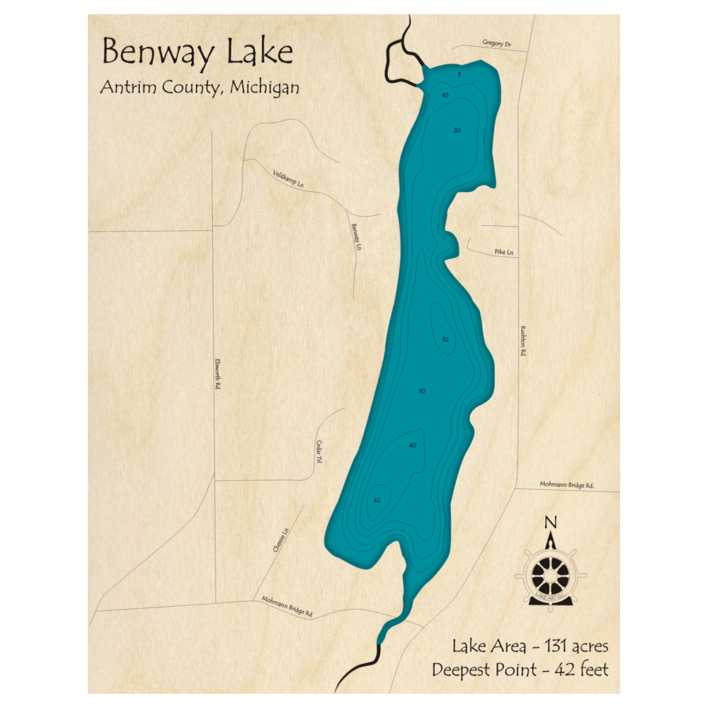 Bathymetric topo map of Benway Lake, MI with roads, towns and depths noted in blue water.