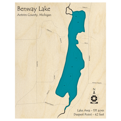 Bathymetric topo map of Benway Lake, MI with roads, towns and depths noted in blue water.