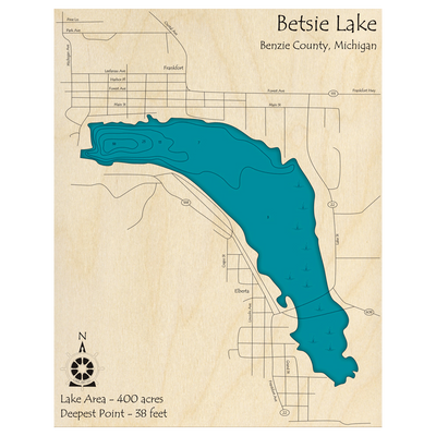 Bathymetric topo map of Betsie Lake, MI with roads, towns and depths noted in blue water.