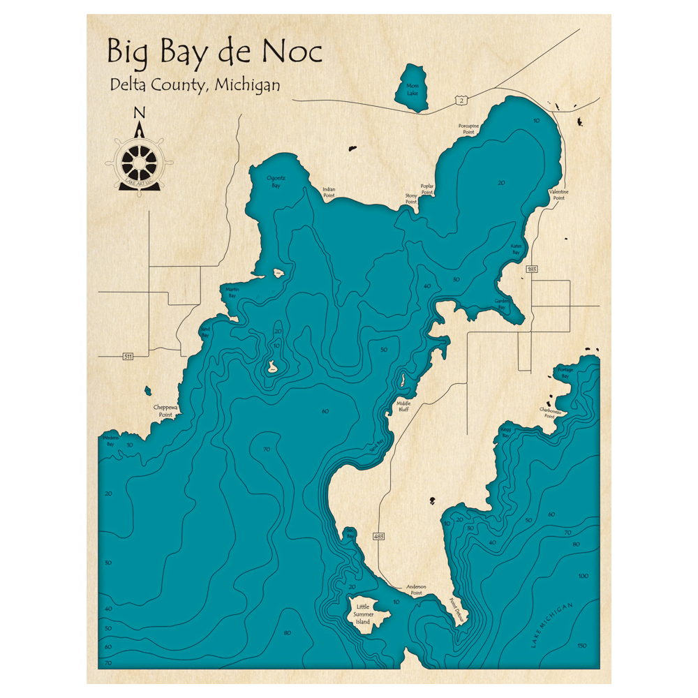 Bathymetric topo map of Big Bay de Noc, MI with roads, towns and depths noted in blue water.