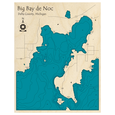 Bathymetric topo map of Big Bay de Noc, MI with roads, towns and depths noted in blue water.