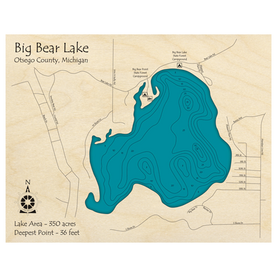 Bathymetric topo map of Big Bear Lake, MI with roads, towns and depths noted in blue water.