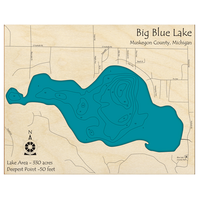 Bathymetric topo map of Big Blue Lake, MI with roads, towns and depths noted in blue water.