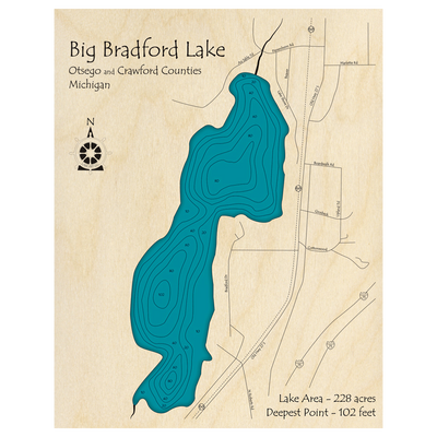 Bathymetric topo map of Big Bradford Lake, MI with roads, towns and depths noted in blue water.