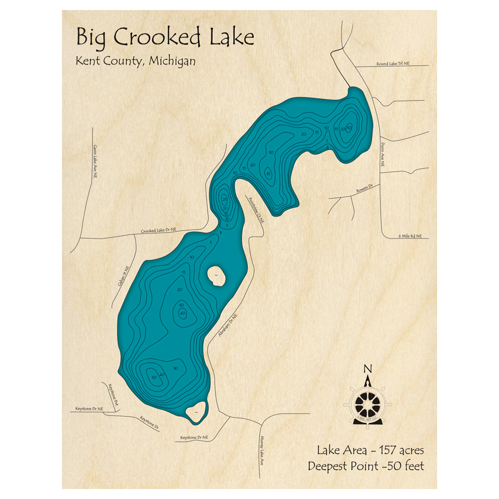 Bathymetric topo map of Big Crooked Lake, MI with roads, towns and depths noted in blue water.