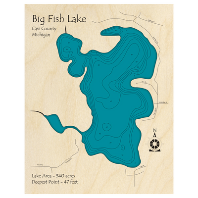 Bathymetric topo map of Big Fish Lake, MI with roads, towns and depths noted in blue water.