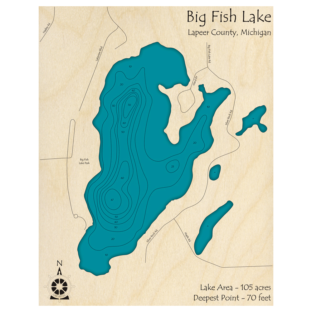 Bathymetric topo map of Big Fish Lake, MI with roads, towns and depths noted in blue water.