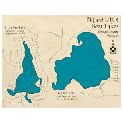 Bathymetric topo map of Big and Little Bear Lakes, MI with roads, towns and depths noted in blue water.