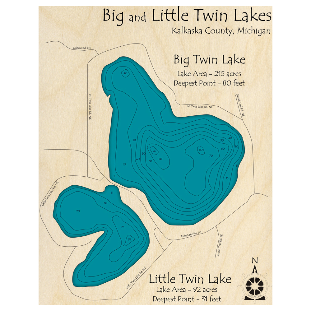 Bathymetric topo map of Big and Little Twin Lakes, MI with roads, towns and depths noted in blue water.