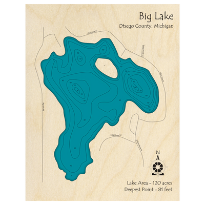 Bathymetric topo map of Big Lake, MI with roads, towns and depths noted in blue water.