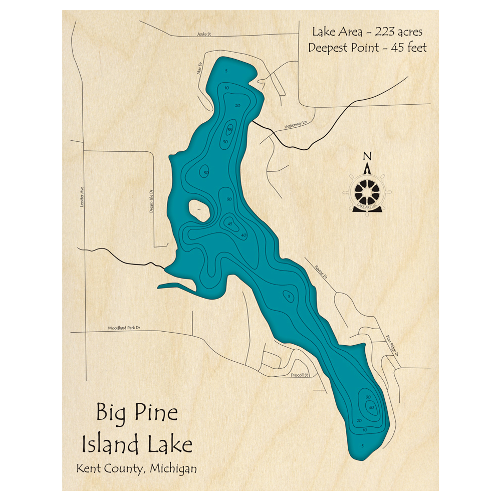 Bathymetric topo map of Big Pine Island Lake, MI with roads, towns and depths noted in blue water.