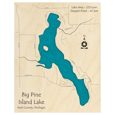 Bathymetric topo map of Big Pine Island Lake, MI with roads, towns and depths noted in blue water.