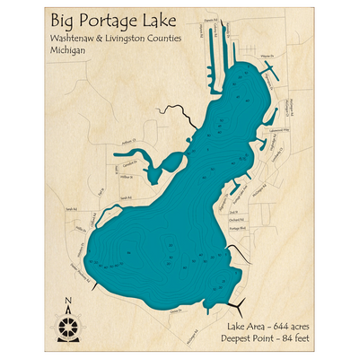 Bathymetric topo map of Big Portage Lake, MI with roads, towns and depths noted in blue water.