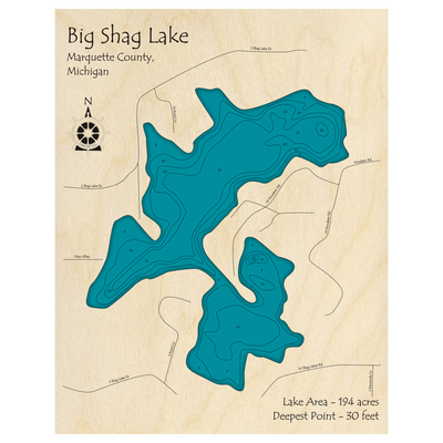 Bathymetric topo map of Big Shag Lake, MI with roads, towns and depths noted in blue water.
