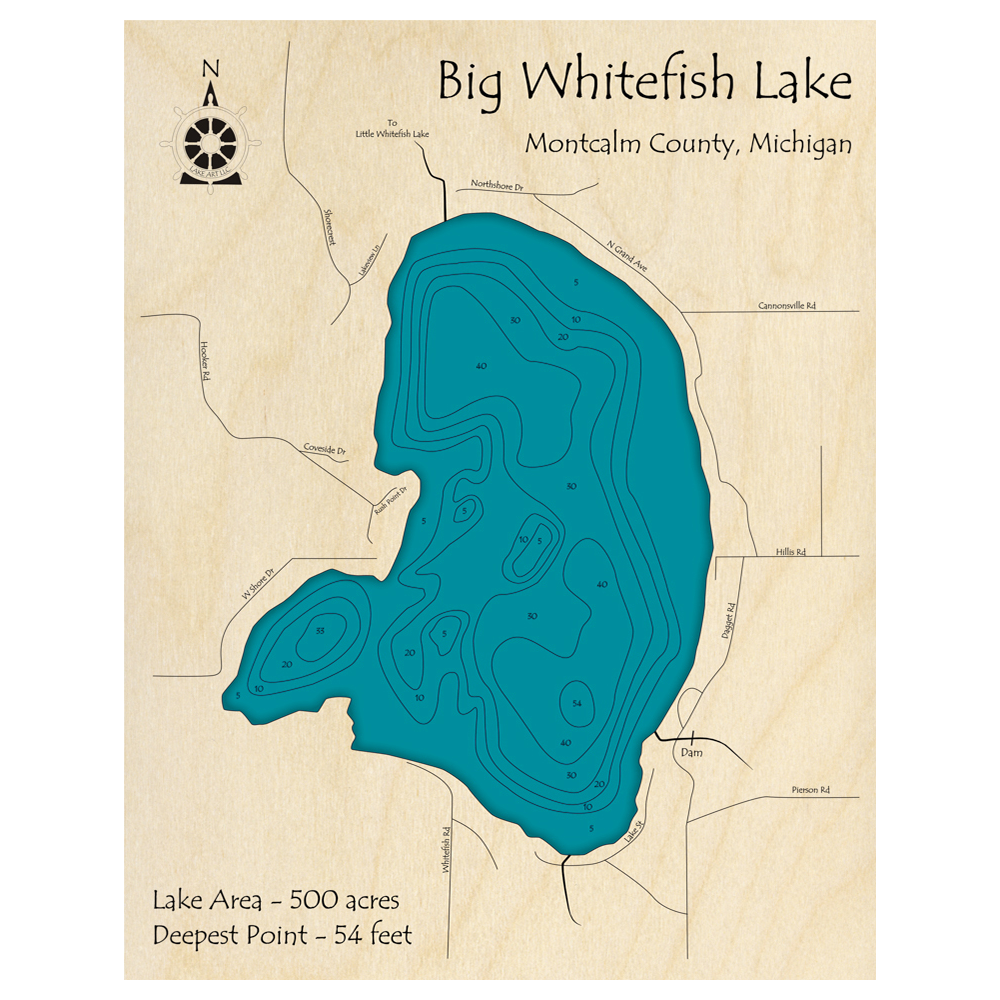 Bathymetric topo map of Big Whitefish Lake, MI with roads, towns and depths noted in blue water.