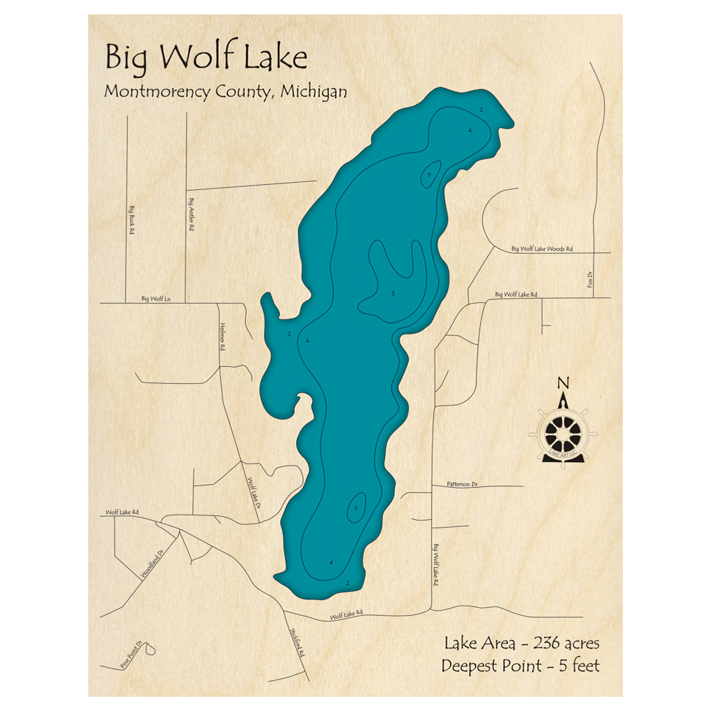 Bathymetric topo map of Big Wolf Lake, MI with roads, towns and depths noted in blue water.