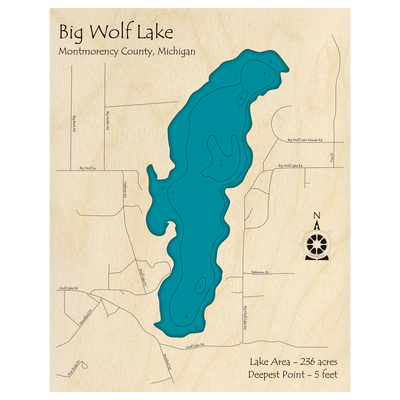 Bathymetric topo map of Big Wolf Lake, MI with roads, towns and depths noted in blue water.