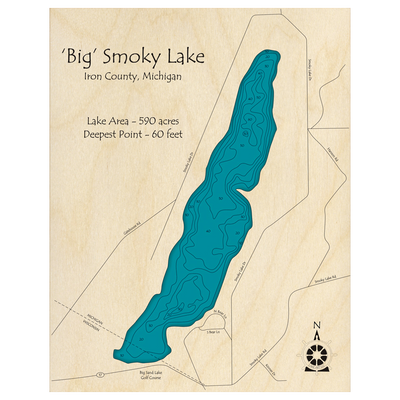 Bathymetric topo map of Big Smoky Lake, MI with roads, towns and depths noted in blue water.