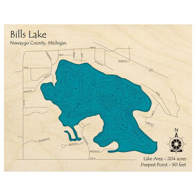 Bathymetric topo map of Bills Lake, MI with roads, towns and depths noted in blue water.