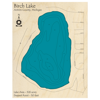 Bathymetric topo map of Birch Lake, MI with roads, towns and depths noted in blue water.