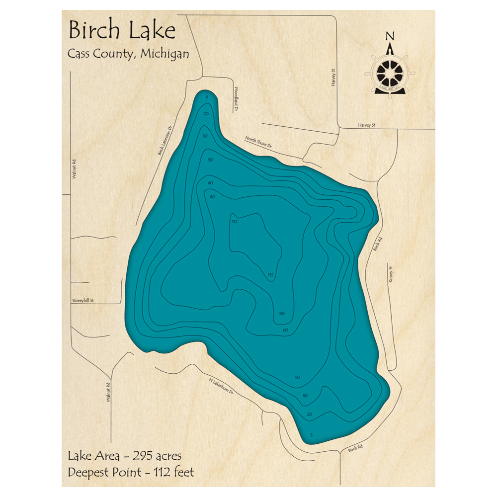 Bathymetric topo map of Birch Lake, MI with roads, towns and depths noted in blue water.