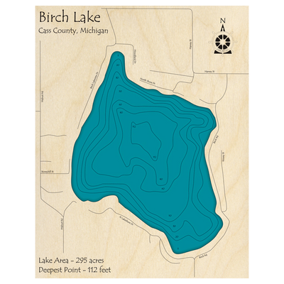 Bathymetric topo map of Birch Lake, MI with roads, towns and depths noted in blue water.