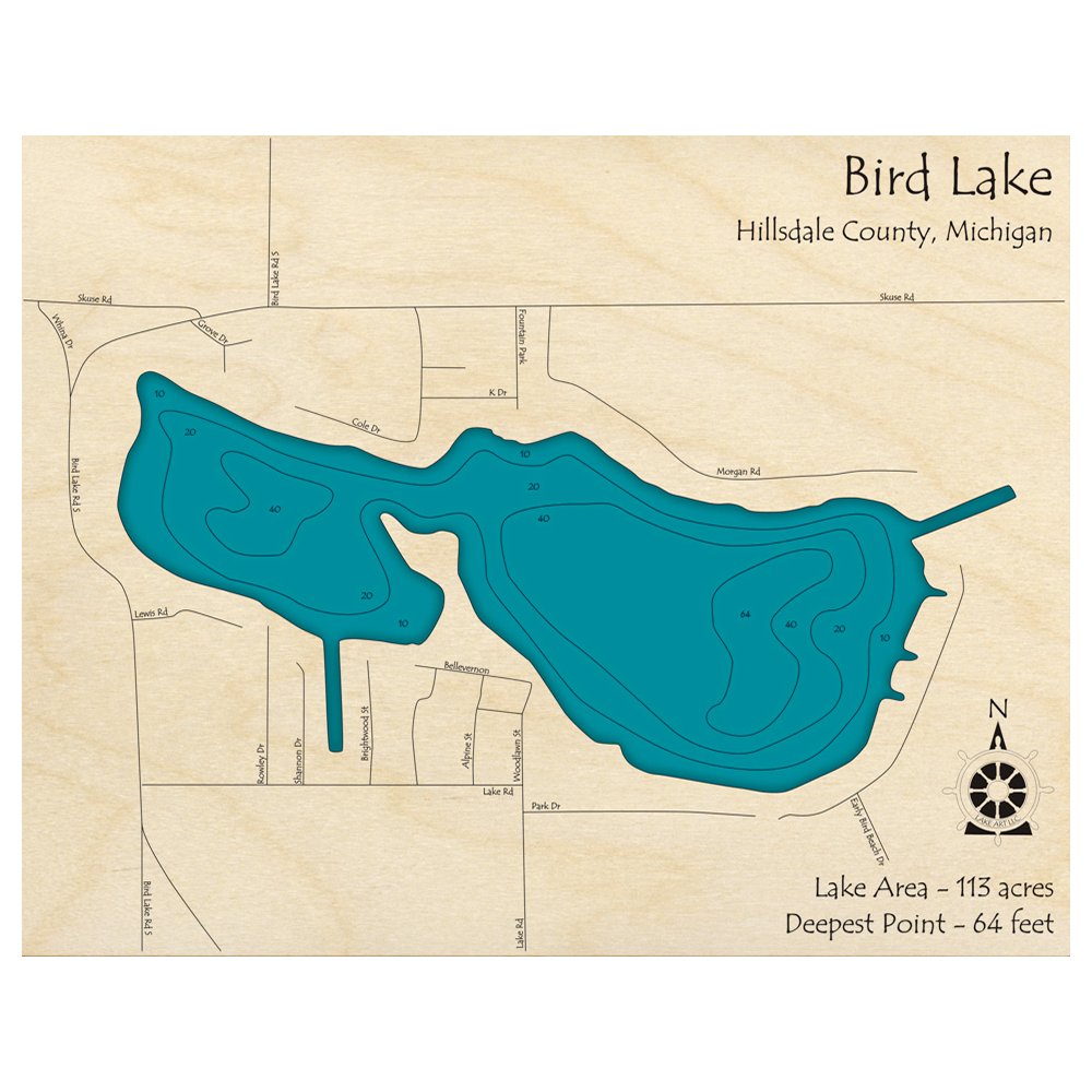 Bathymetric topo map of Bird Lake, MI with roads, towns and depths noted in blue water.