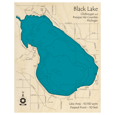 Bathymetric topo map of Black Lake, MI with roads, towns and depths noted in blue water.