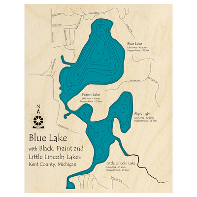 Bathymetric topo map of Blue Lake, MI with roads, towns and depths noted in blue water.