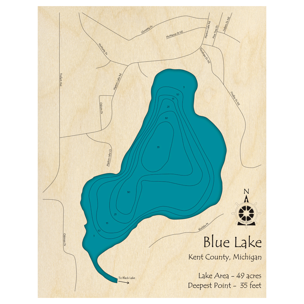 Bathymetric topo map of Blue Lake, MI with roads, towns and depths noted in blue water.