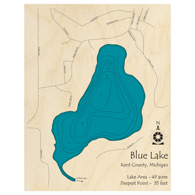Bathymetric topo map of Blue Lake, MI with roads, towns and depths noted in blue water.