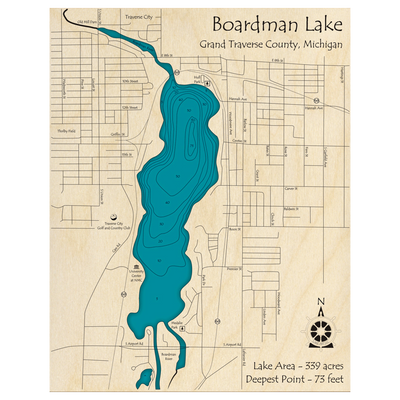 Bathymetric topo map of Boardman Lake, MI with roads, towns and depths noted in blue water.