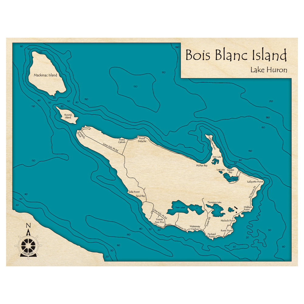 Bathymetric topo map of Bois Blanc Island, MI with roads, towns and depths noted in blue water.
